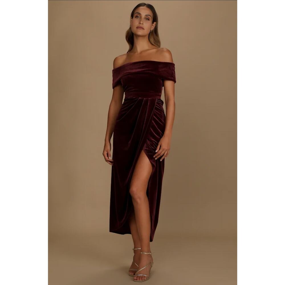 NWT Lulu's I'm Enchanted Burgundy Velvet Dress Womens L Off Shoulder Maxi Formal
